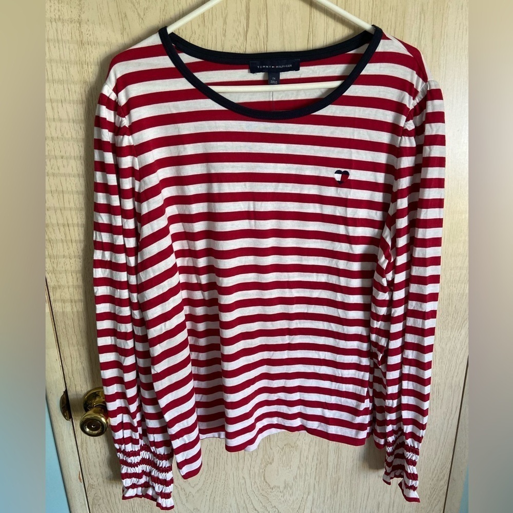 🩷 Tommy Hilfiger Puff Sleeve Striped Red Nautical Shirt Sz 2XL NWT